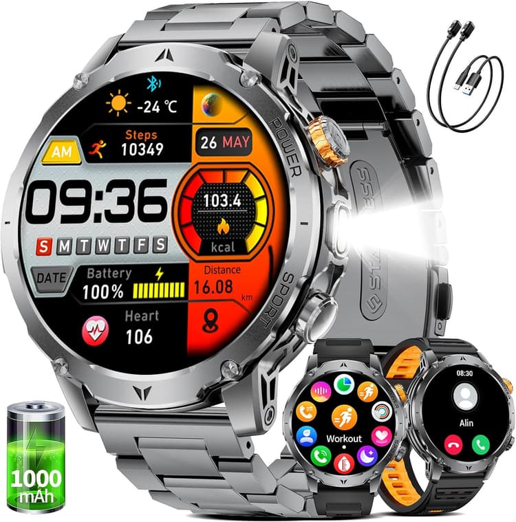 LIGE 1000mAh Montre Connectée Homme Militaire, 1,7" HD Smartwatch Homme avec 110+ Modes Sportifs, IP68 Étanche, Appel Bluetooth, 24H Fréquence Cardiaque, Podomètre Android iOS,3 Bracelets,2 Chargeurs