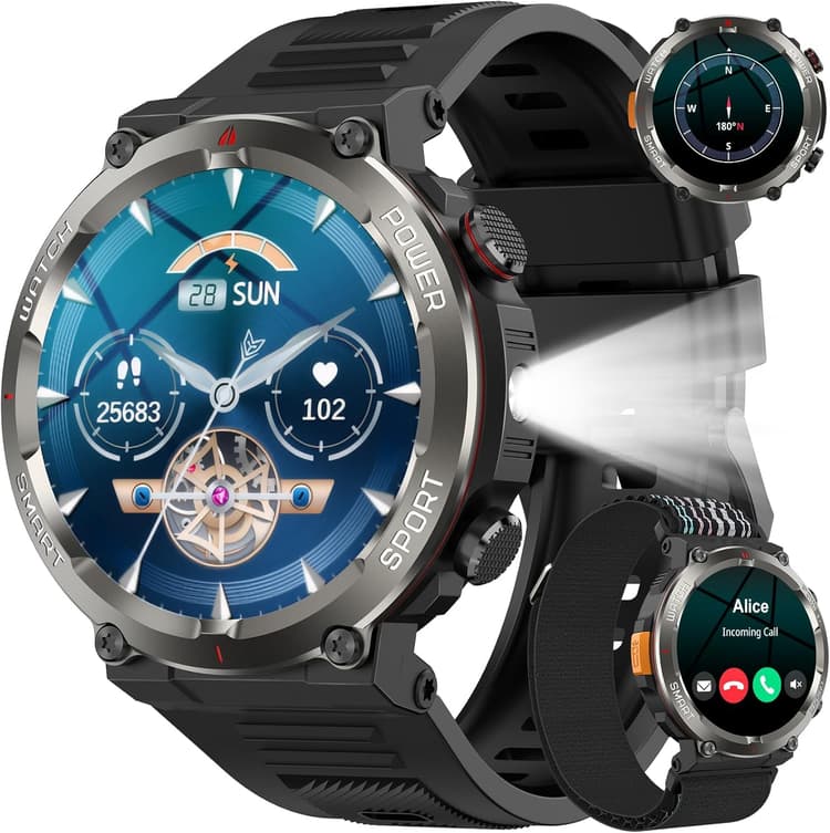 Montre Connectée Homme, Militaire Smartwatch Appels Bluetooth, Torche LED, 1.45'' HD, Batterie 960mAh, Fréquence Cardiaque, Sommeil, SpO2,120+ Modes Sportifs, Étanche IP68, 2 Sangles, Android iOS