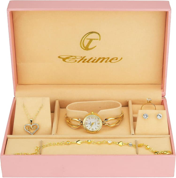 Coffret Cadeau Montre Femme Blanc- Parure de Bijoux- Collier-Bague- Boucles d'oreilles - Bracelet