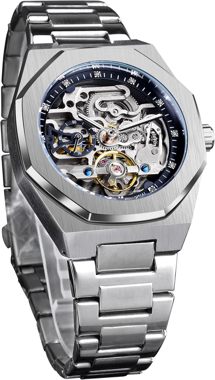 FORSINING Montre vintage pour homme gravée à remontage automatique - Grand cadran lumineux - Phase de lune dorée - Motif tatouage creux