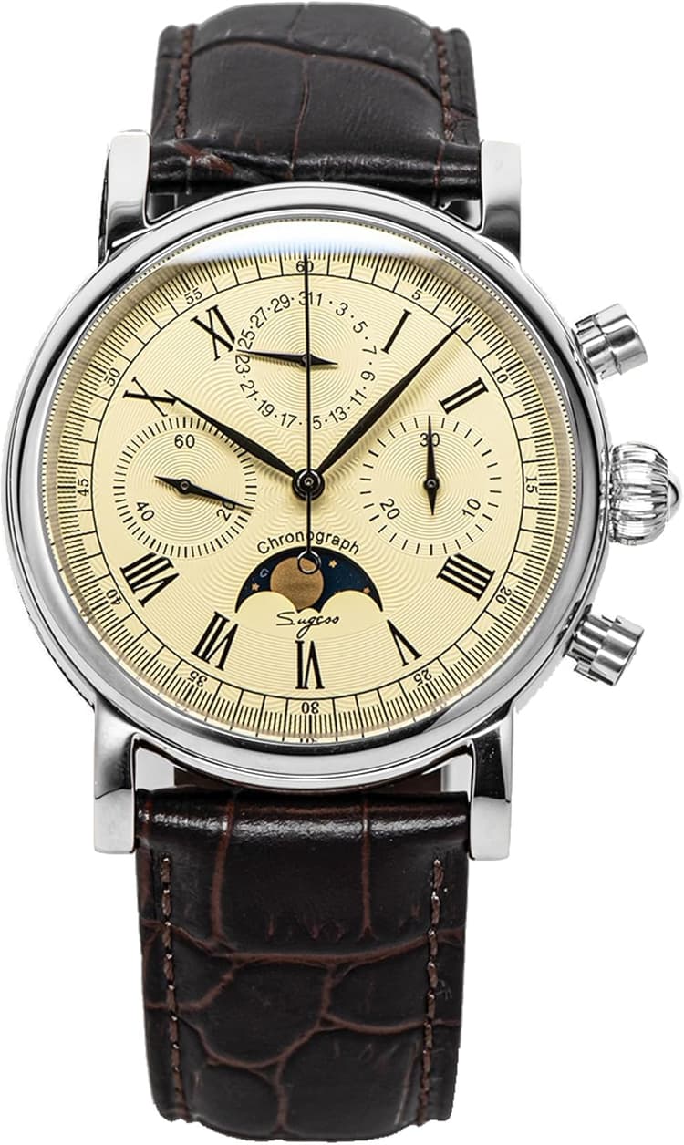 Sugess MoonPhase Master SUM199BX Gold Swan Neck 40mm ST1908 Mechanical Chronograph Mens Wrist Watch Seagull 1963