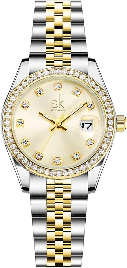 SHENGKE Montre pour Femmes avec Bracelet en Alliage d'acier et Cristaux Montre à Quartz et Calendrier pour Femmes