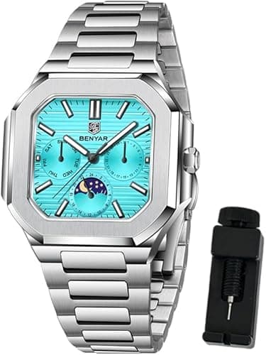 BENYAR Men's Chronograph Watch, Quartz Movement 37mm Stainless Steel Moon Phase Luminous Calendar Waterproof Sports Casual Business Dress Watch, Men's Gift