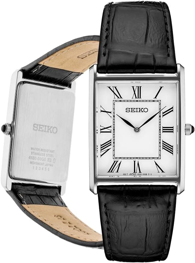 Seiko Essentials Watch for Men - Essentials - Water Resistant with Stainless Steel Rectangular Case and Leather Strap