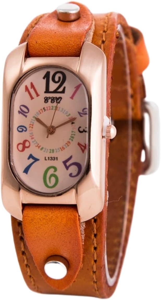 LYEVA Montre Quartz Pierre Vintage pour Femme, Bracelet en Cuir Véritable, Numérique Rectangle (Orange)