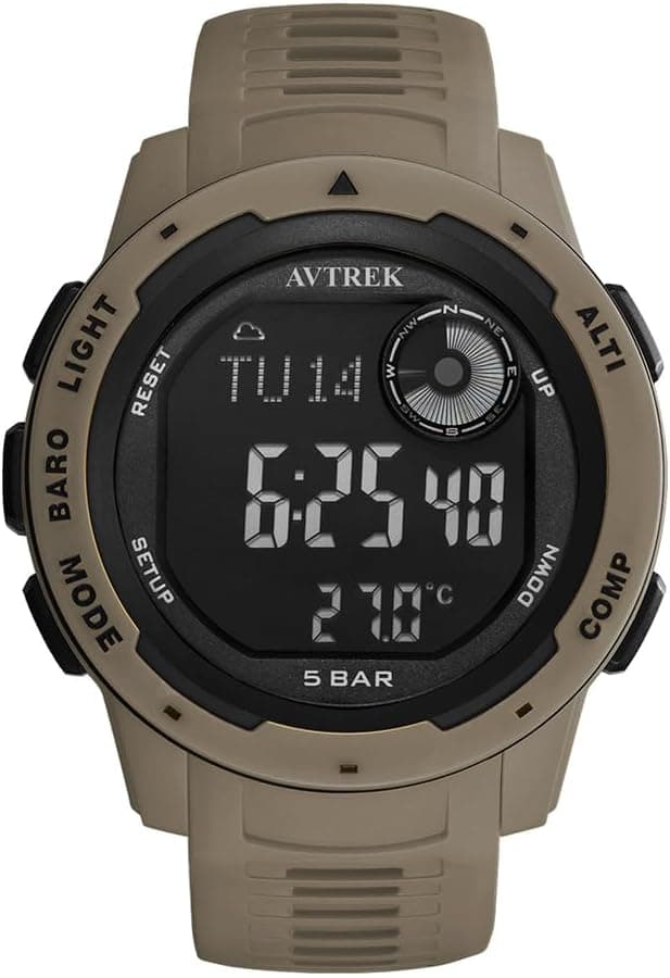 AVTREK Montre numérique étanche, montre de sport en plein air, montre militaire avec podomètre, altimètre, boussole - Parfait pour les hommes, les femmes et les adolescents (brun)