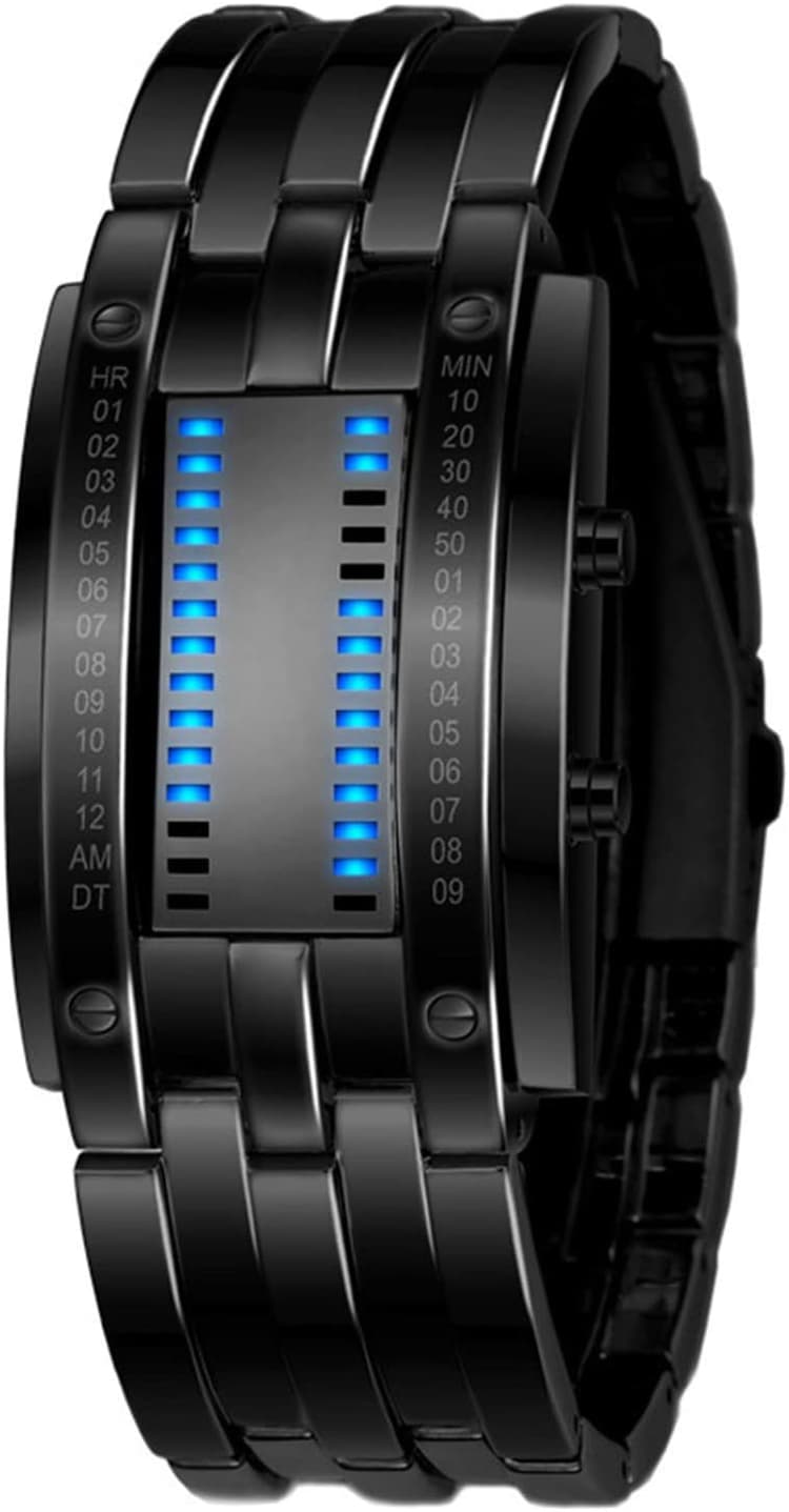 Reginald Fashion Mens Binary Sports Watch Digital LED Matrix Waterproof Outdoor Casual Black Bracelet Blue Backlit Men's Square Watch