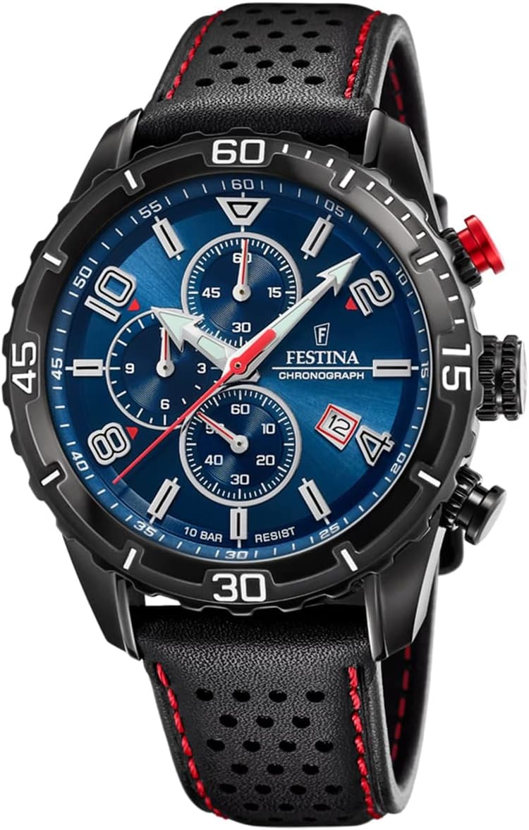 Festina Montre Homme Analogique avec Bracelet en Cuir - Mouvement Quartz - Chronographe - Calendrier - Verre Minéral Haute Résistance - Étanche 10 ATM - Élégante F20519 Chrono Sport