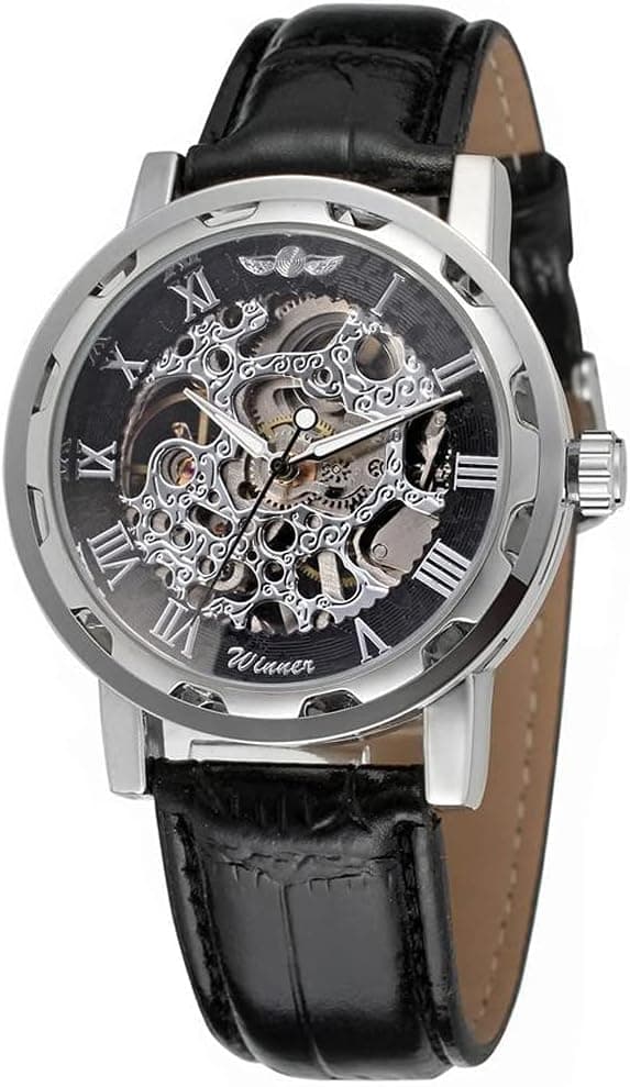 Men's Fashion Mechanical Wristwatch Transparent Dial with Skeleton Design Leather Band Automatic Manual-Winding Watch