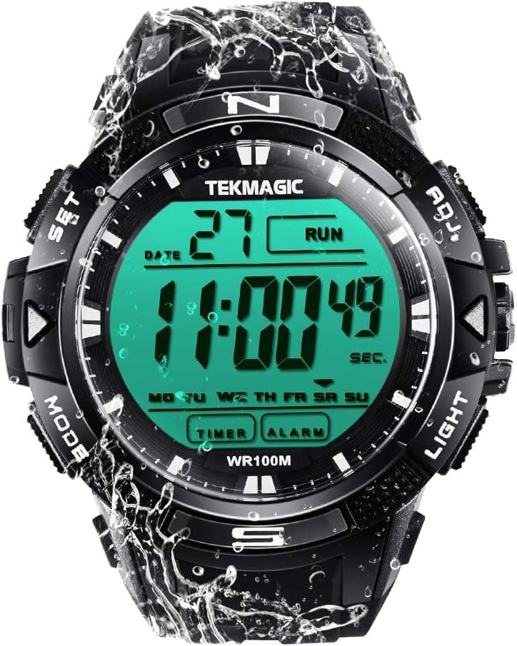 Hommes Garçons Montre Natation Plongée 10 ATM Etanche avec Fonctions de Chronomètre, Chronographe, Réveil et Affichage Double Fuseau Horaire, Format 12/24 Heures Sélectionnable