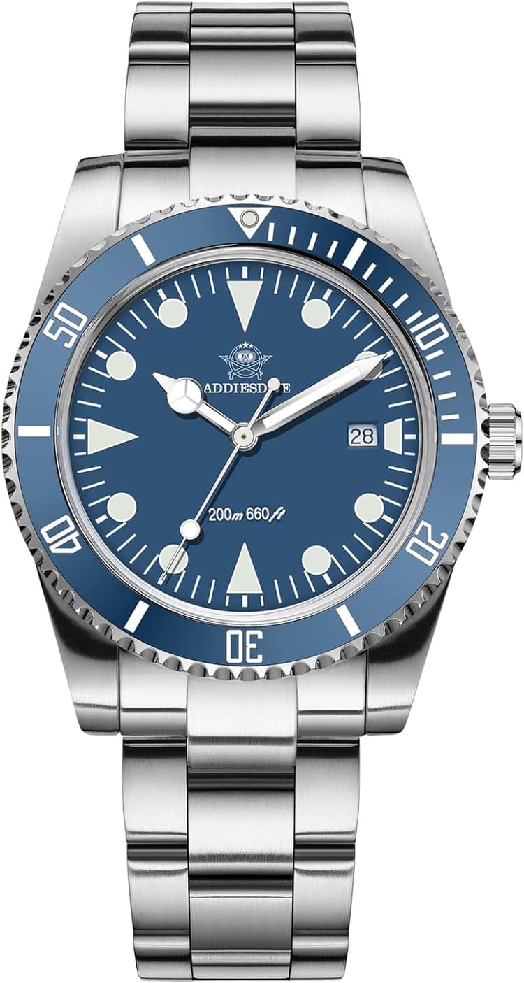 ADDIESDIVE Thin Dive Watches for Men Bidirectional Bezel Waterproof 200 M Quartz Movement Curved Crystal Date Display Slim Divr Watch