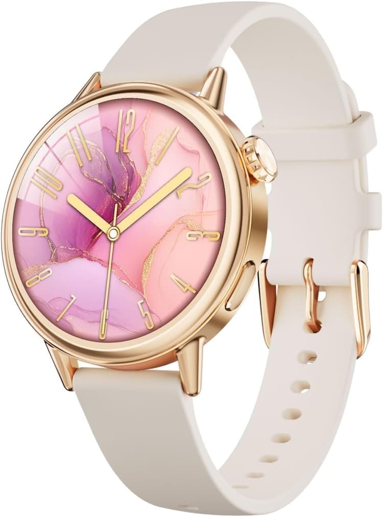 TOOBUR Petite Smart Watch for Women Small Wrist, 37 mm AMOLED Smartwatch, Compatible with Android & iOS, Fitness Tracker with Step/Sleep/HR Monitor, Elegantly Boxed, Pretty Gift for Women, Beige