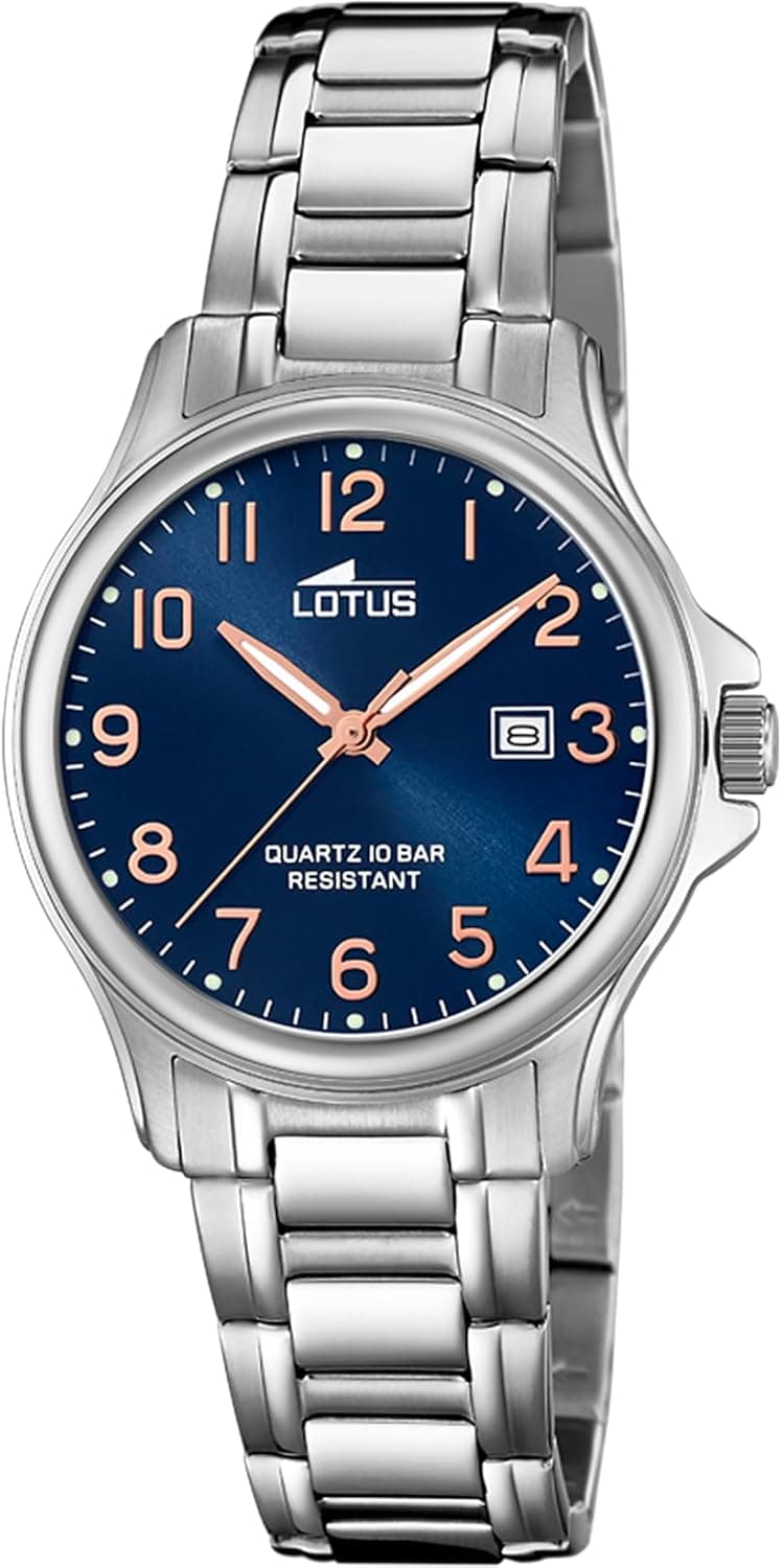LOTUS Montre Femme Analogique Acier Inoxydable 316L Argent - Mouvement Quartz - Verre Minéral Haute Résistance - Étanche 10 ATM - Calendrier 18655/2
