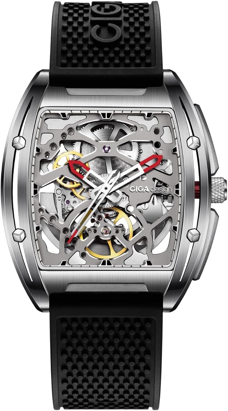 CIGA Design Z Series Automatic Mechanical Watch, Luxury Skeleton Wristwatch Tonneau with Silicone Strap Stainless Steel Business Dress Waterproof Timepiece Gifts for Men and Women