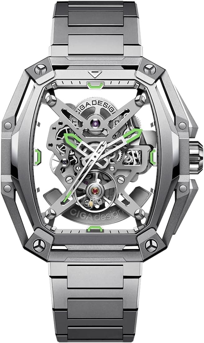 CIGA Design Hunter Montre Automatique Homme Squelette Tonneau Structurel Bracelet Acier Maillon H Effilé Index et Aiguilles Lumineux Verre Saphir Étanche 3 ATM