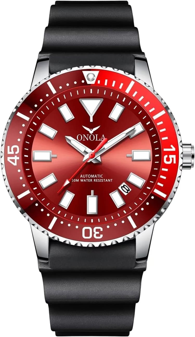 Montre décontractée pour homme - Montre mécanique à remontage manuel - Bracelet en silicone - Affichage analogique de la date - Montre automatique - Étanche