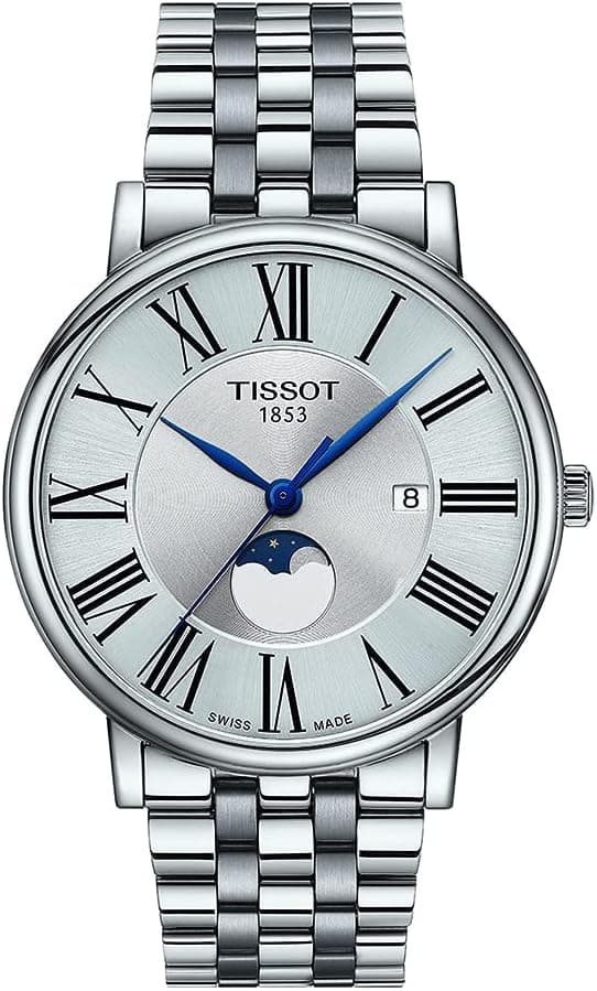 Tissot Mens Tissot Carson Premium Gent Moonphase 316L Stainless Steel case Swiss Quartz Watch, Grey, Stainless Steel, 20 (T1224231103300)