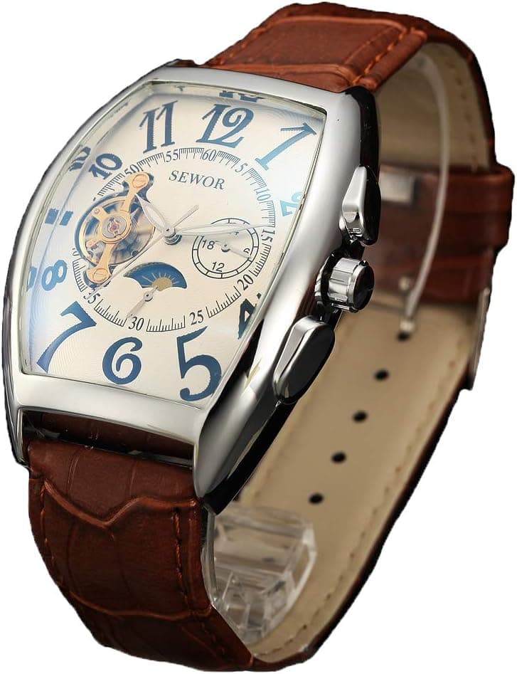 SEWOR Luxe Tourbillon Homme Phases de la Lune mécanique Automatique Montre Bracelet Bande de Cuir Revêtement de Verre Bleu