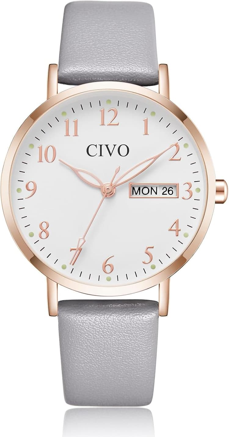 CIVO Lecture Facile Montre Femme: 35mm Cadran Clair avec Grands Chiffres Aiguilles Lumineuses Date Jour - Analogique Montre Bracelet Cuir pour Occasionnel Port Quotidien Cadeau