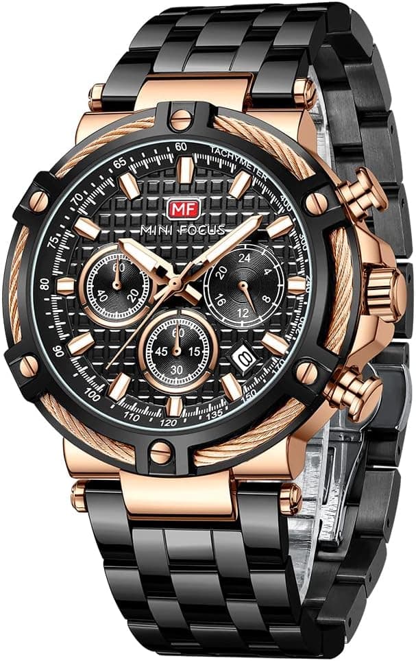 MF MINI FOCUS Business Men Watches (Chronograph/Waterproof/Luminous/Calendar/24 Hours) Big Face Stainless Steel Band Watches for Men