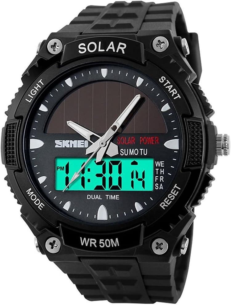 FANMIS Men's Solar Powered Casual Quartz Wrist Watch Analog Digital Multifunctional Black Sports Watch