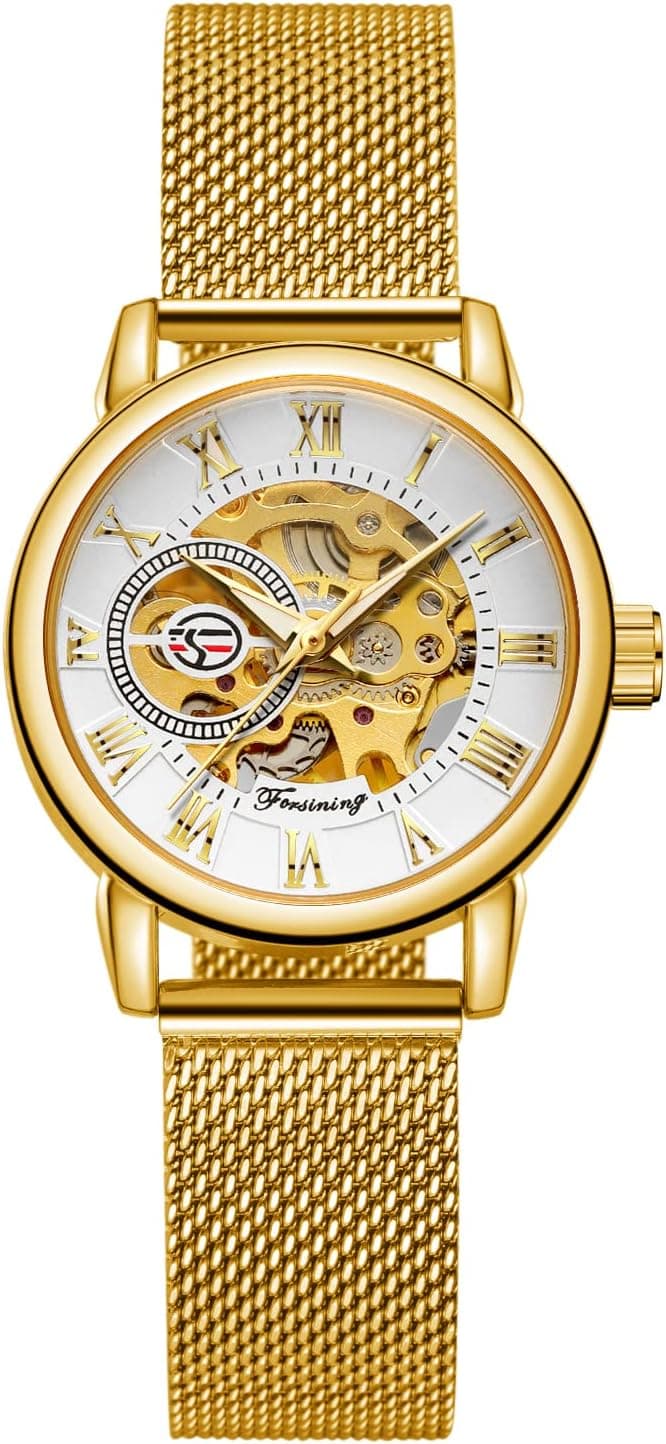 FORSINING Montre mécanique à remontage manuel pour femme avec bracelet en maille en acier inoxydable