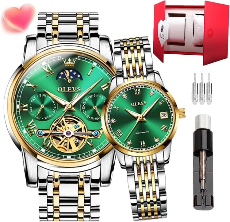 OLEVS Ensemble de Montres pour Couple avec remontage Automatique mécanique Automatique pour Hommes et Femmes,étanches en Acier Inoxydable