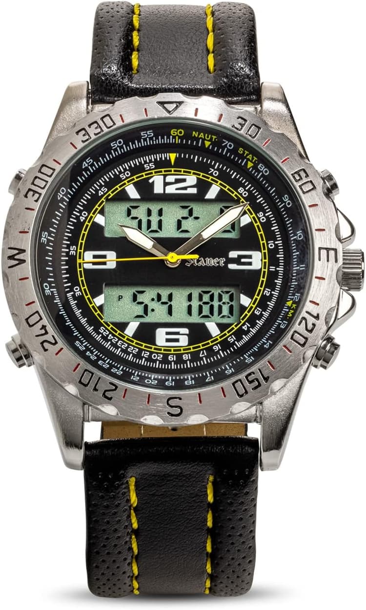 Stauer Centurion Hybrid – Dual Analog & Digital – Chrome Alloy Case – Black Stitched Leather Band – Sporty, Fashionable Gift
