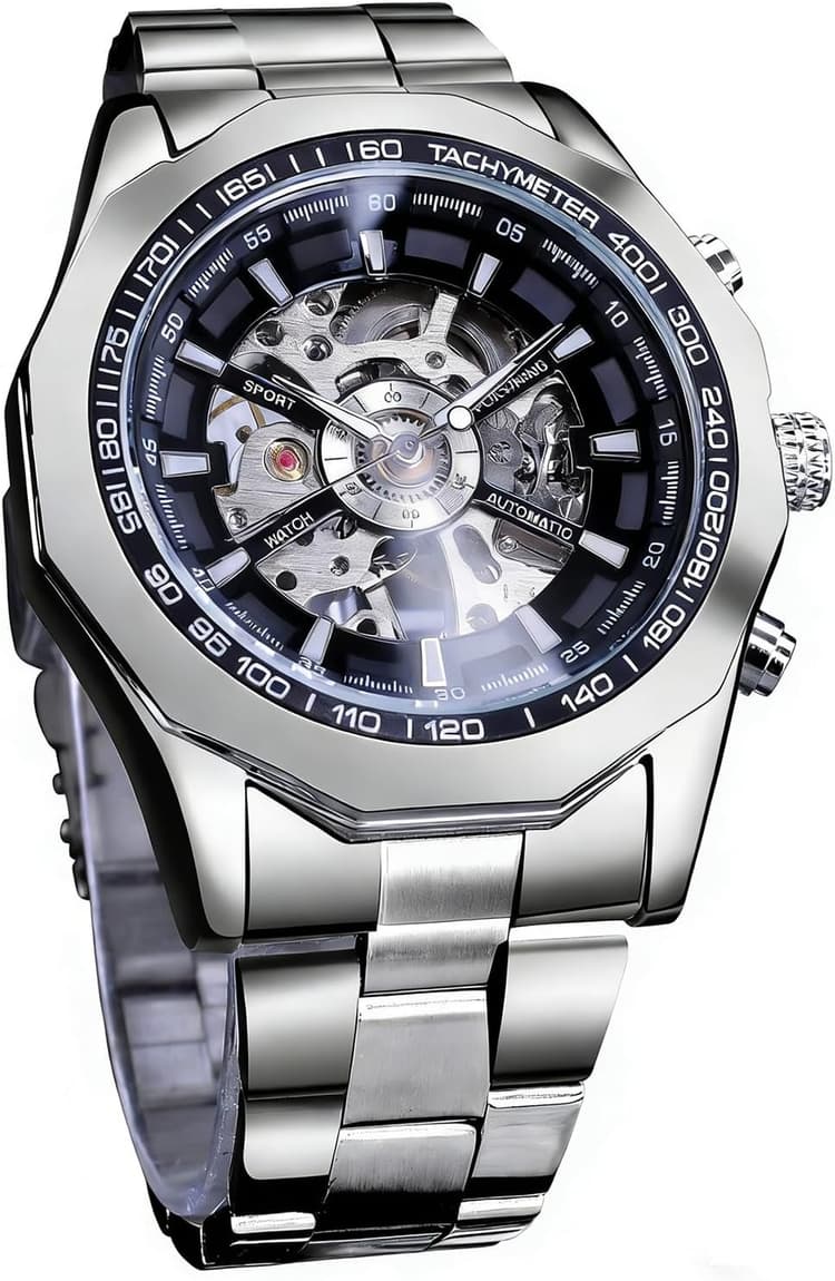 Luxury Men's Watch Self-Wind Skeleton Hollow Mechanical Automatic Watches Stainless Steel Band Waterproof Self-Wind