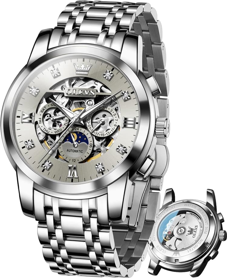 OLEVS Automatic Watches for Men Luxury Skeleton Mechanical Mens Watch Diamond Moon Phase Waterproof Date Self Winding Gentlemen Watch