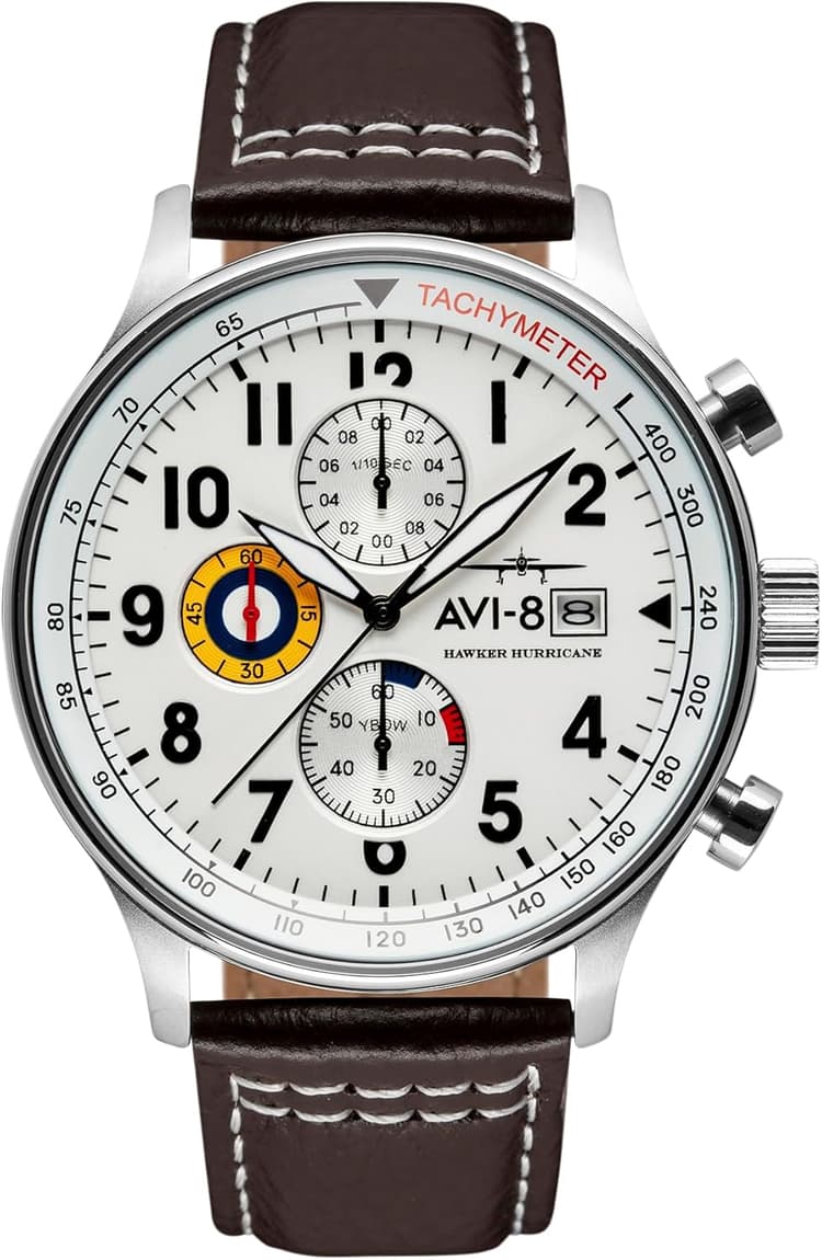AVI-8 Hawker Hurricane Men's Pilot Watch – Classic Chronograph, Japanese Quartz Movement, 43.5mm Stainless Steel Case, Leather Strap, AV-4011