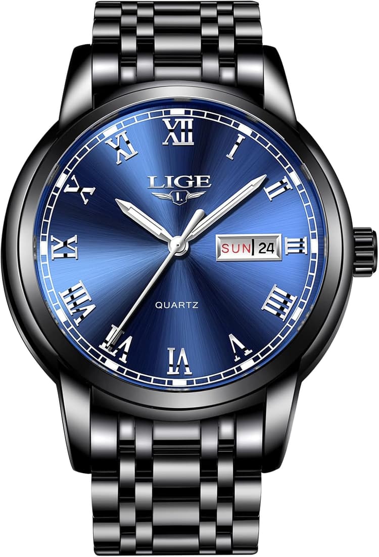 LIGE Montre Homme, Montres Bracelet Analogique à Quartz, Acier Inoxydable Etanche 3ATM, Fonction Calendrier, Aiguilles Lumineuses Affichage, Mode Assortissement Business Décontracté