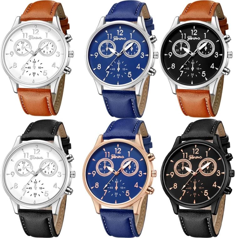 6 Pack Men's Leather Quartz Watch Geneva Casual Dress Wrist Band Watches Wholesale Lots Set