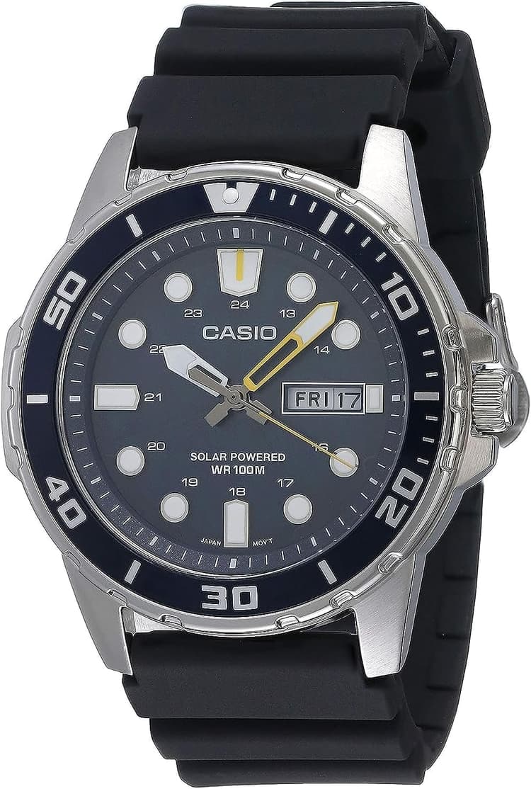Casio MTPS110 Series | Unisex Analog Watch | 100M WR | Stainless Steel Case | 3 Hand Analog (HR, Min, SEC) | Date Display | Low Battery Alert | Diver Inspired Styling | Solar Powered