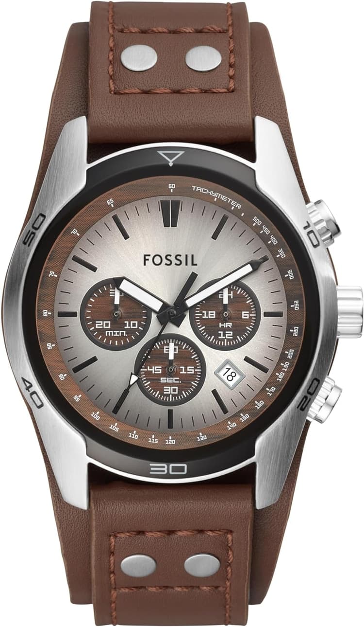 FOSSIL Montre pour Homme Coachman, Mouvement chronographe à Quartz, boîtier en Acier Inoxydable argenté de 45 mm avec Bracelet en Cuir véritable, CH2564