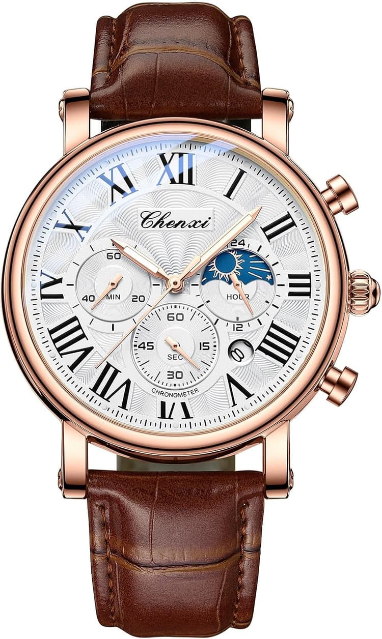 FANMIS Men's Classic Multifunctional Military Sports Analog Watch Business Dress Waterproof Luminous Chronograph Starry Sky Moon Phase Leather Wristwatch