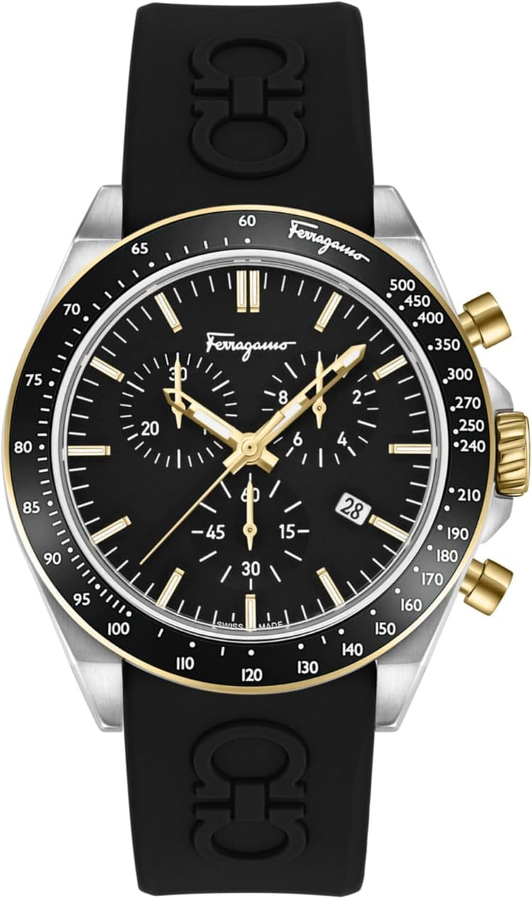 Ferragamo Urban Chrono Collection Luxury Mens Watch Timepieces with a Black Strap and Dial Featuring a Stainless Steel Case