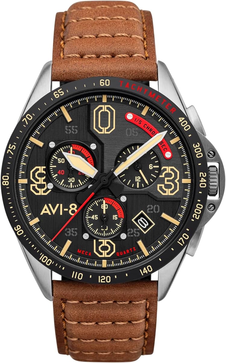 AVI-8 P-51 Mustang Blakeslee Men's Chronograph Pilot Watch – Japanese Meca-Quartz Movement, 43mm Stainless Steel Case, Leather Strap, AV-4077