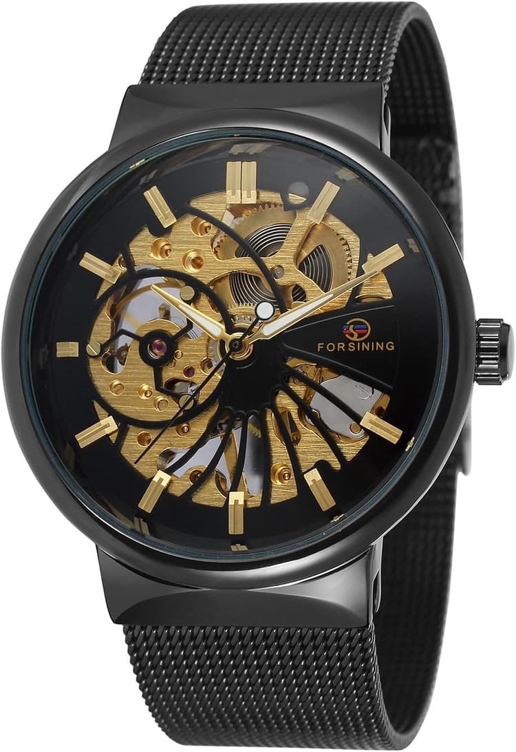 FORSINING Montre mécanique à remontage manuel pour homme - Bracelet en acier inoxydable - Maille squelette, Bracelet