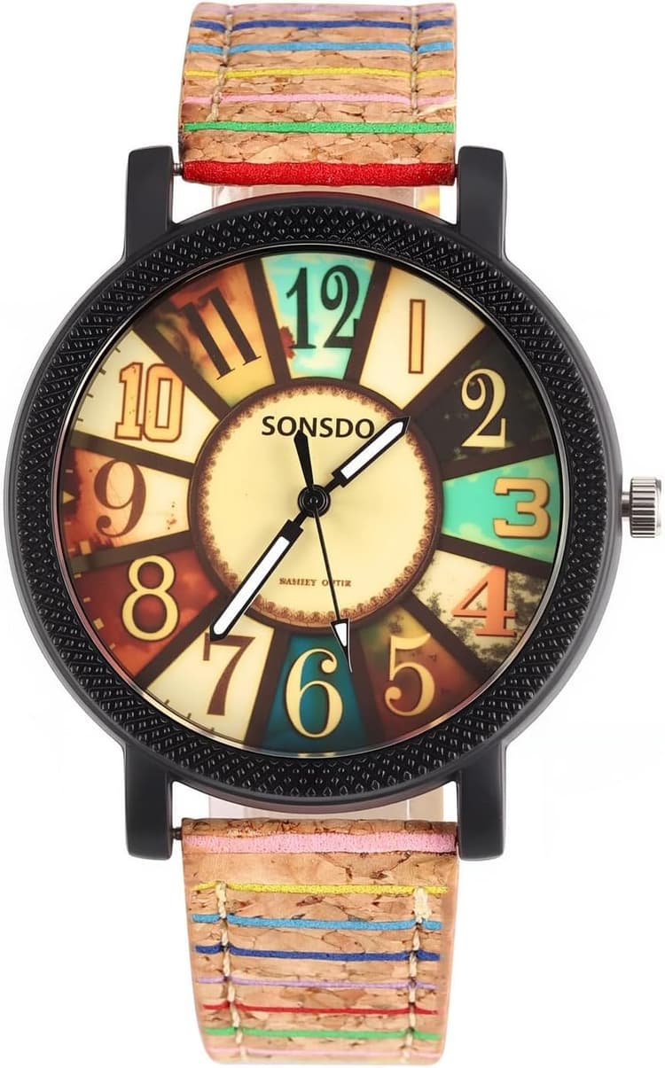 Montres de style rétro de couleur bande montre bracelet pour femme en bois liège Motif PU bande de cuir à quartz analogique