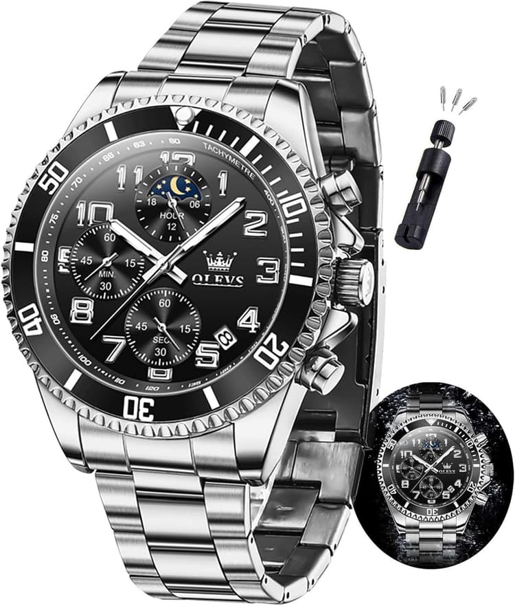 OLEVS Mens Watches Chronograph Watch Luxury Dress Stainless Steel Waterproof Watches for Men Moon Phase Luminous Business Calendar Wrist Watch Blue/Black/Green/Gold/Face
