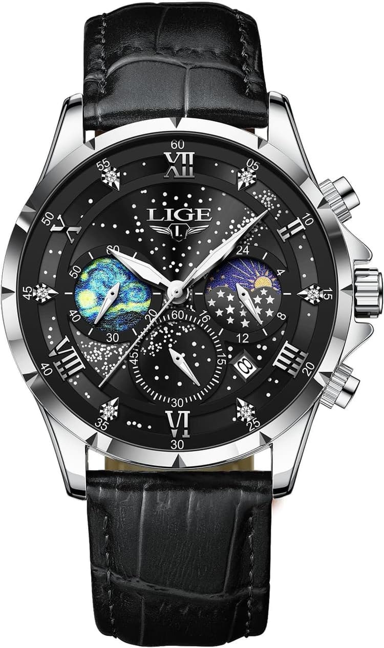 LIGE Montres Hommes Montre Chronographe Étanche à Quartz Phase De Lune en Noir Cuir Montre d'affaires Décontractée pour Hommes avec Affichage De La Date Lumineuse