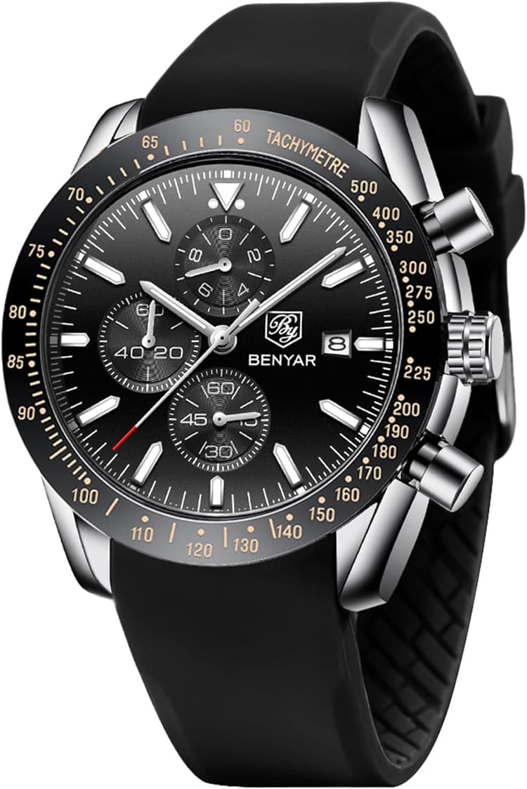 BENYAR Montre Homme chronographe pour Homme Mouvement à Quartz Bracelet en Cuir Montre de Sport d'affaires de Mode 30M étanche et Anti-Rayures Cadeau élégant