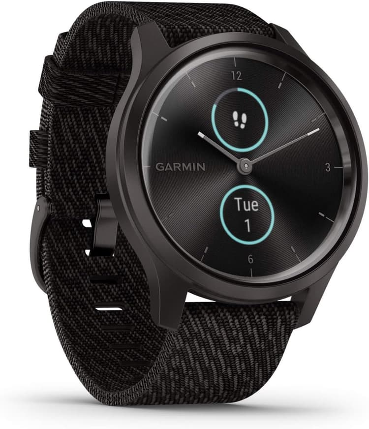 Garmin vivomove Style, Hybrid Smartwatch with Real Watch Hands and Hidden Color Touchscreen Displays, Graphite with Black Woven Nylon Band