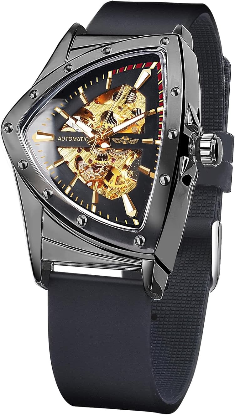 Forsining Montre squelette pour homme, montre mécanique automatique avec cadran triangulaire lumineux, remontage manuel, bracelet en acier inoxydable ou en silicone souple