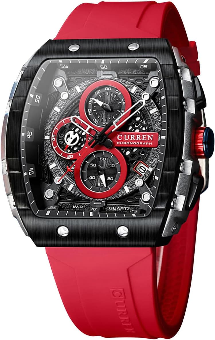 FORSINING Montre analogique à quartz pour homme - Grand cadran rectangulaire - Bracelet en silicone - Étanche - Calendrier - Date