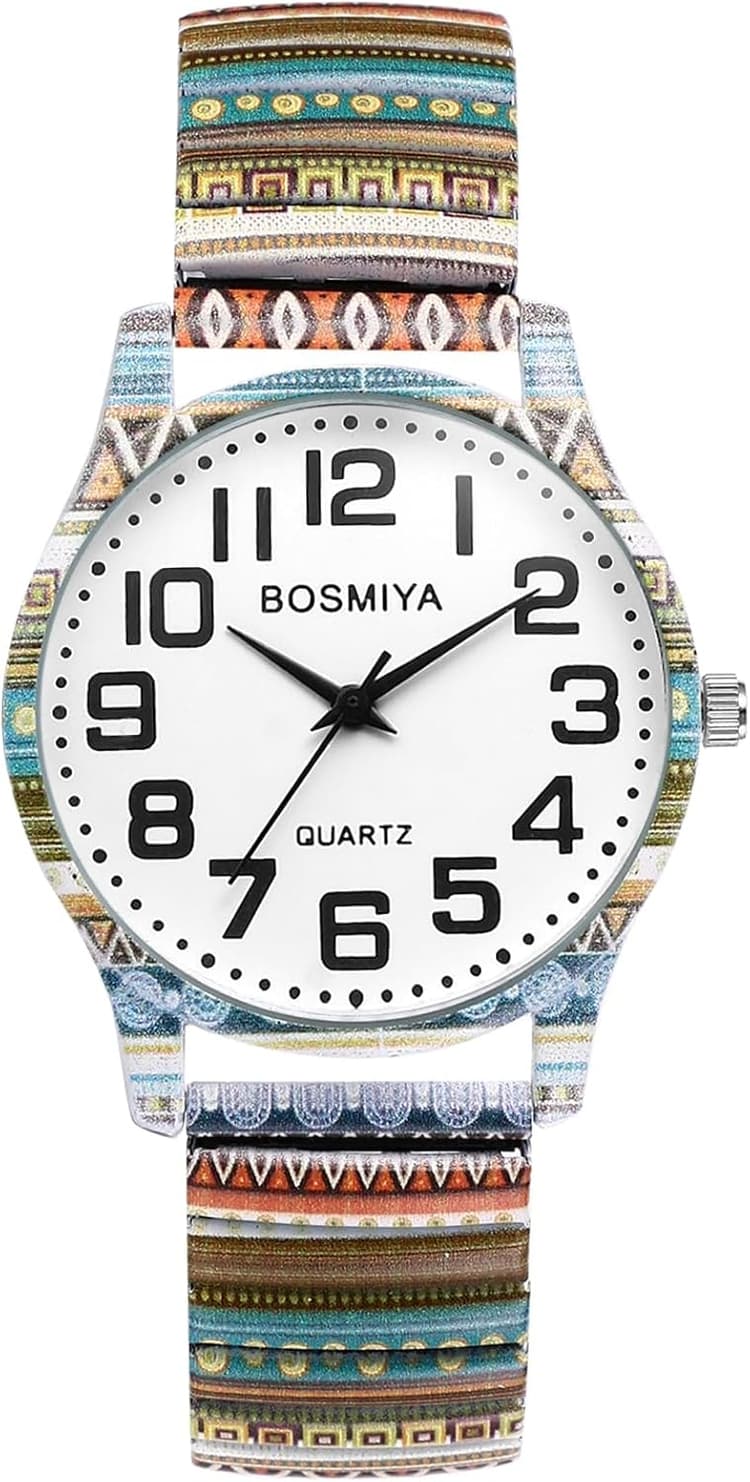 OIDEA Stretch Band Watches for Women: Bohemia Flower Easy Reader Elastic Band Watch Large Face Big Number Analog Quartz Bracelet Watch Expansion Band Wristwatch