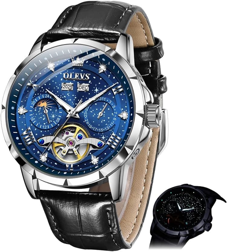 OLEVS Mens Automatic Watches Self-Winding Starry Sky Diamond Skeleton Luxury Wrist Watch Waterproof Luminous