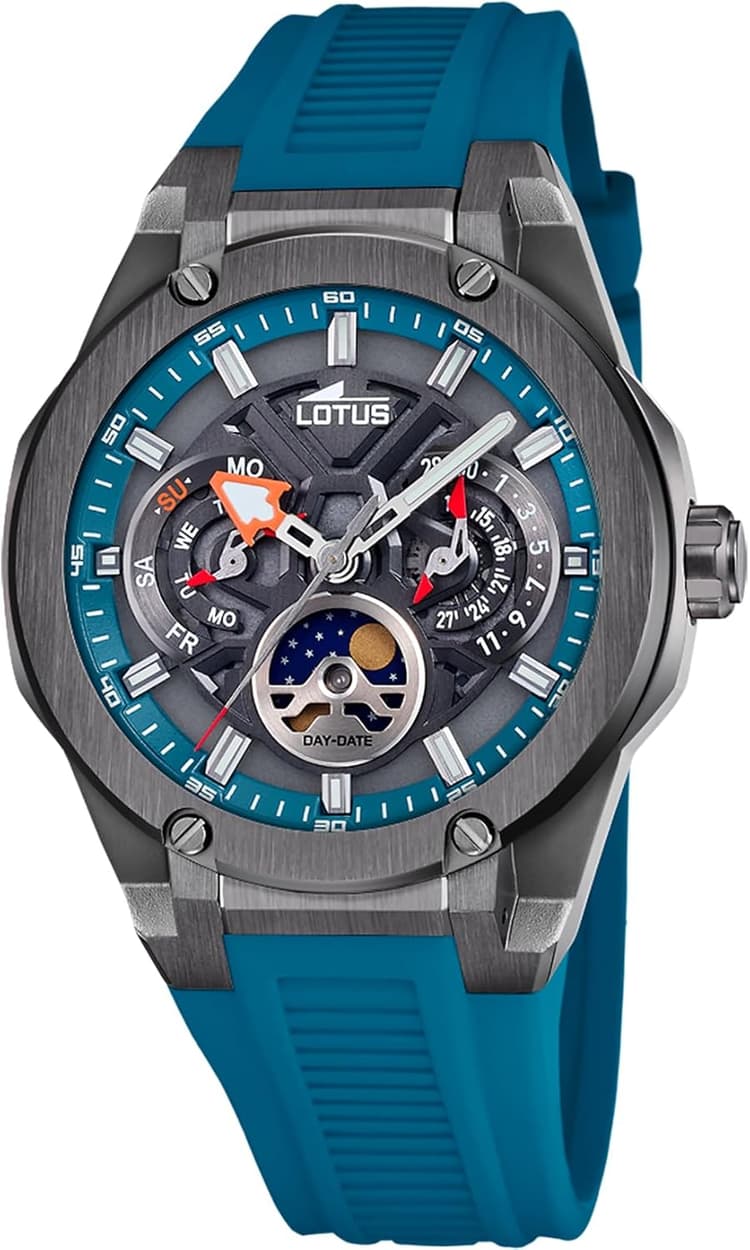 LOTUS Montre Homme Analogique Phase de Lune Caoutchouc Bleu - Quartz - Calendrier - Verre Minéral Résistant - Étanche 10 ATM - Multifonction 18946/2 Vortex