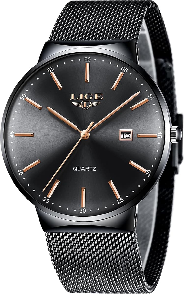 LIGE Montre Homme, Montres Bracelet Analogique Quartz, Bracelet en Acier Inoxydable étanche, Fonction Calendrier, Design Minimaliste Léger, Business Mode Casual Match